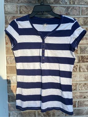 Justify Navy and White Striped Short Sleeve Henley Top Kids/Girls Size 18 XL